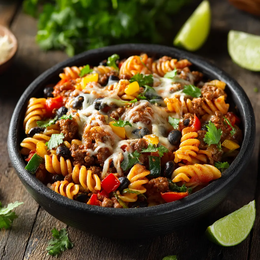 Delicious pot taco pasta in a white bowl with colorful vegetables and herbs