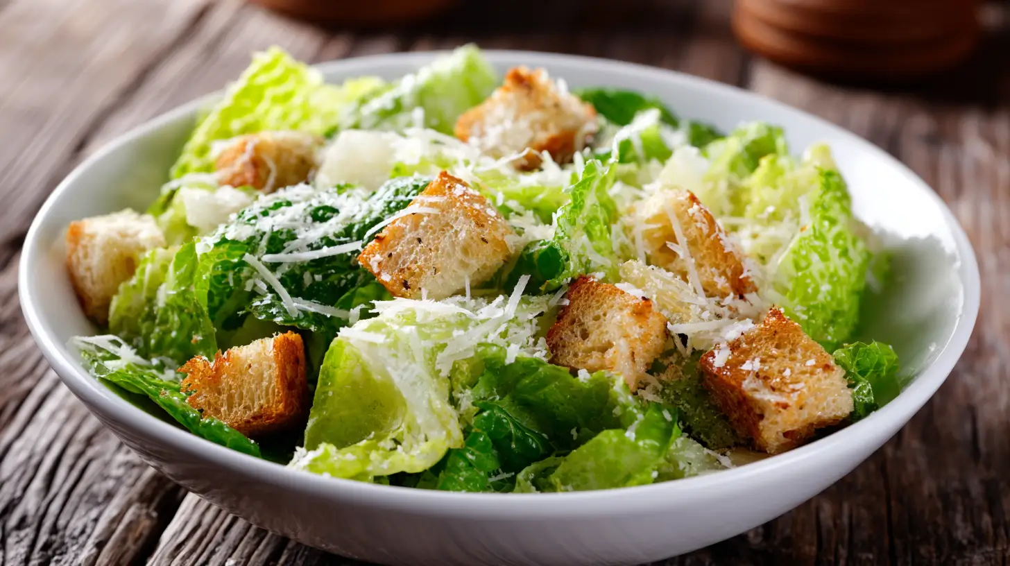 Perfect homemade Caesar Salad with crisp romaine lettuce and golden croutons