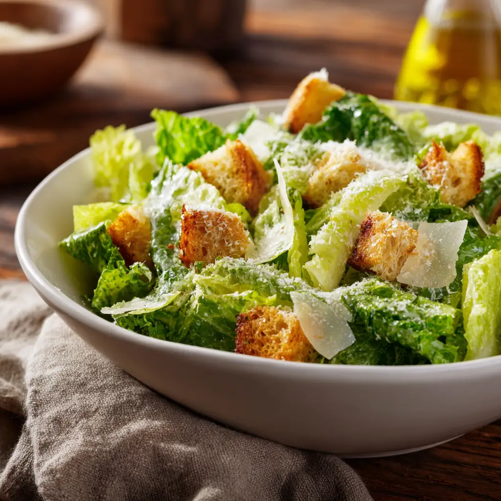 Perfect homemade Caesar Salad with crisp romaine lettuce and golden croutons