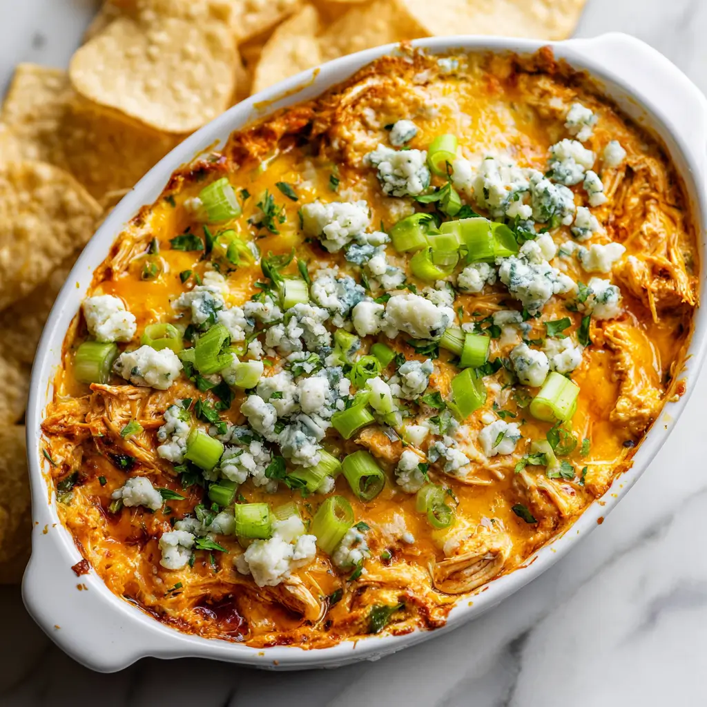 Golden bubbly chicken buffalo dip topped with green onions