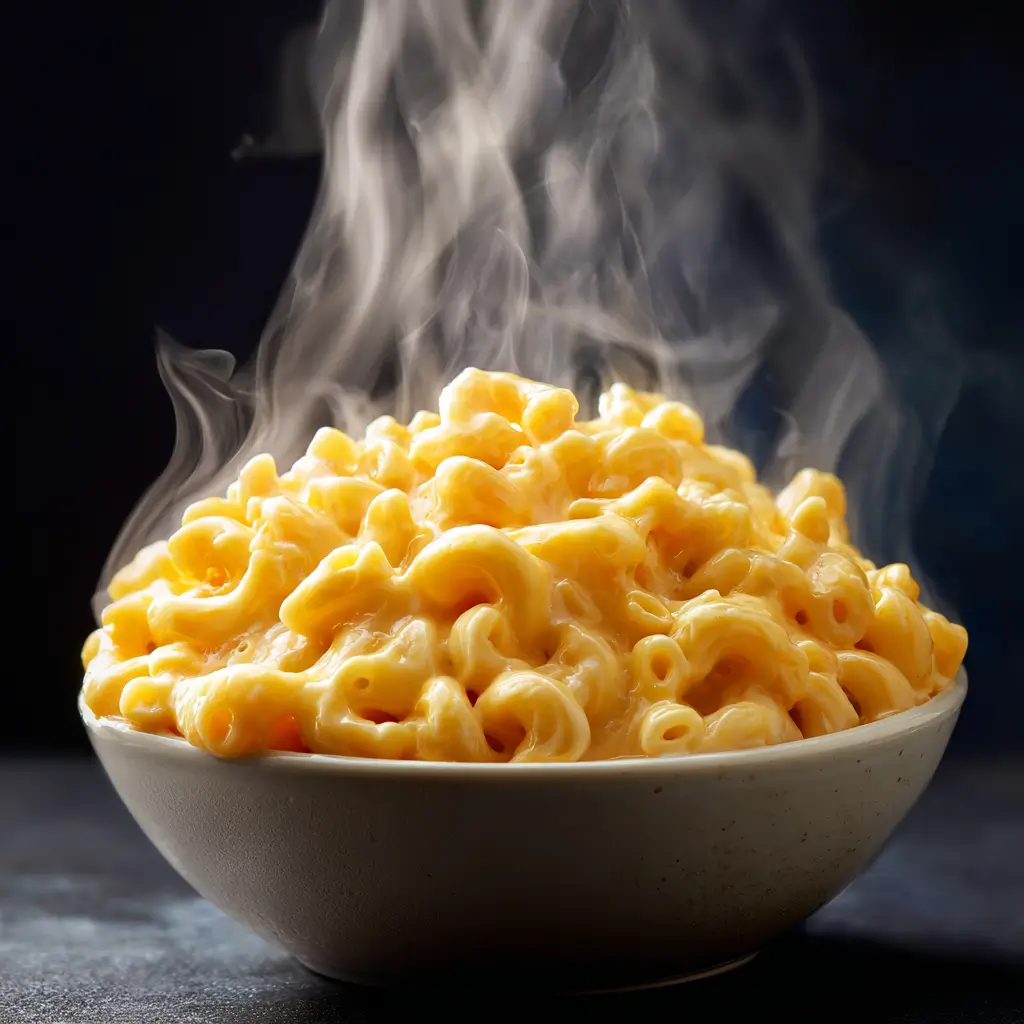 Bowl of creamy homemade mac and cheese with golden cheese sauce