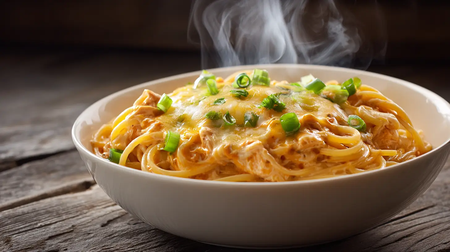 Buffalo chicken spaghetti in bowl with melted cheese and green onions