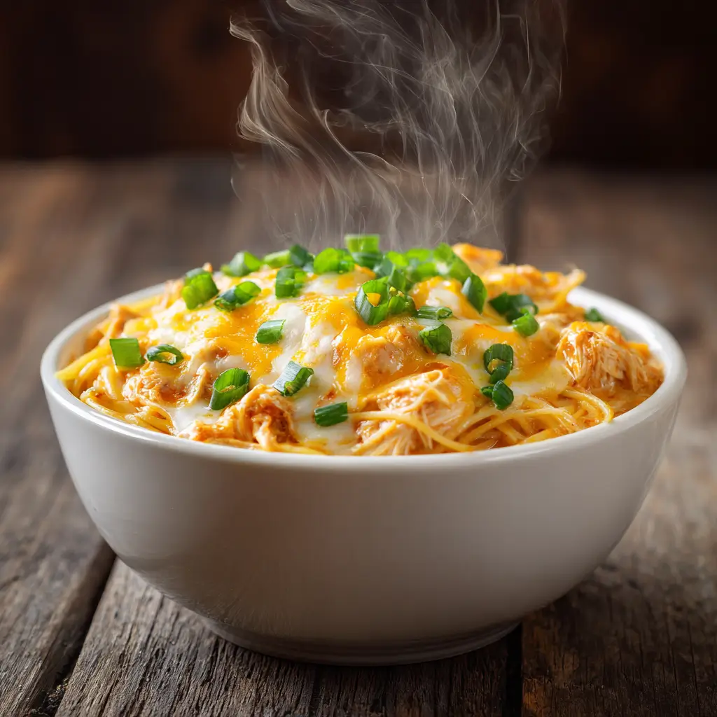 Buffalo chicken spaghetti in bowl with melted cheese and green onions