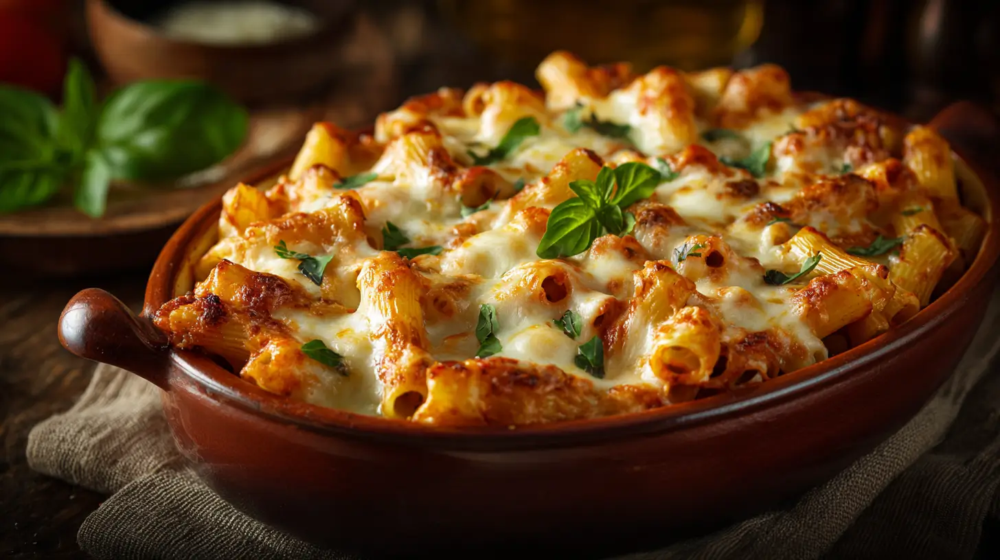 Golden cheesy baked ziti in a baking dish