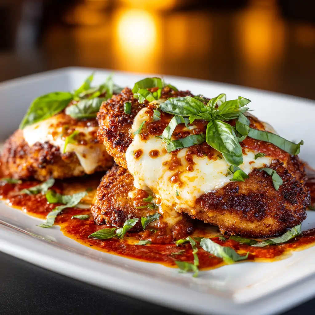 Golden crispy chicken parmesan with melted cheese and marinara sauce