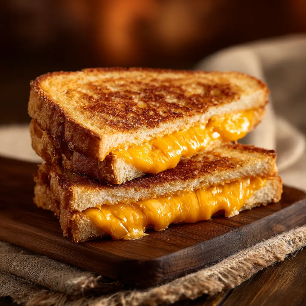 Gooey grilled cheese sandwich on wooden board