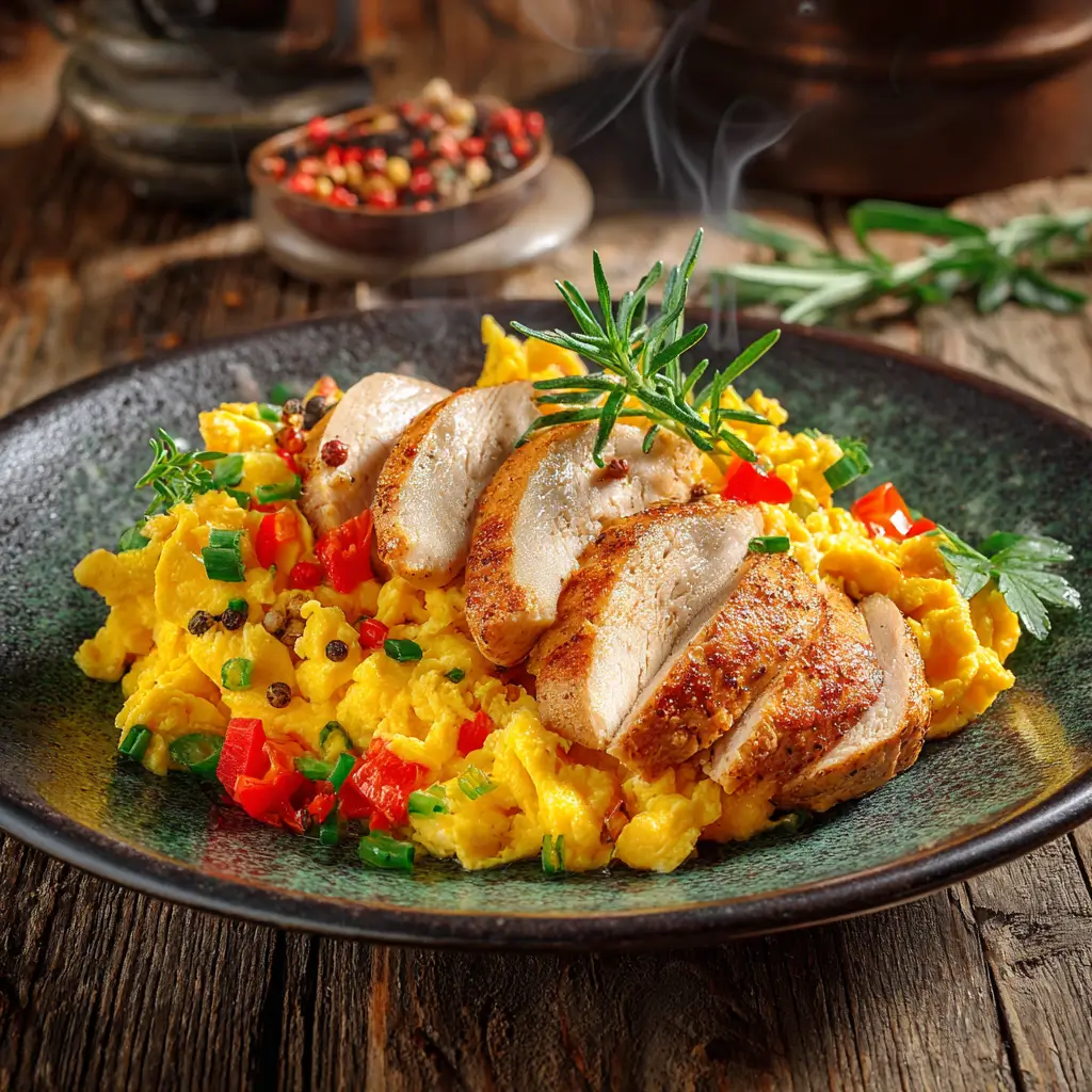 Chicken and eggs skillet with vegetables and herbs