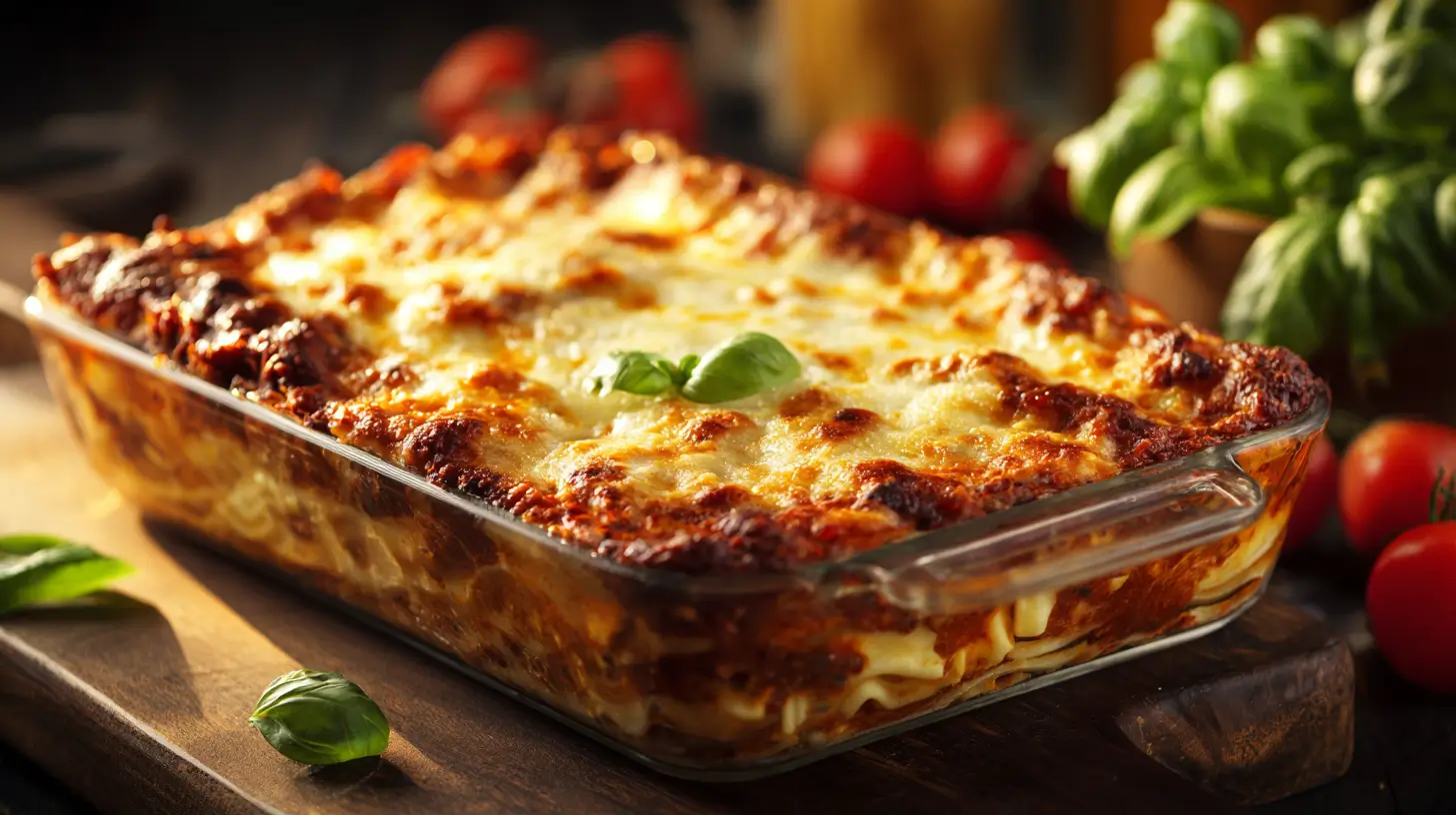 Golden baked homemade lasagna with basil
