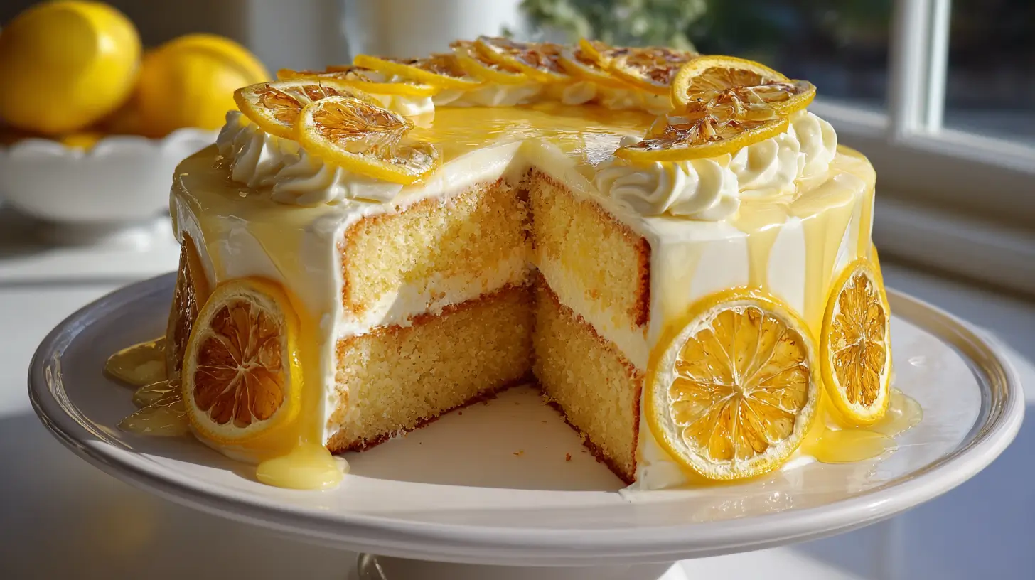 Layered lemon cake with frosting and lemon slices