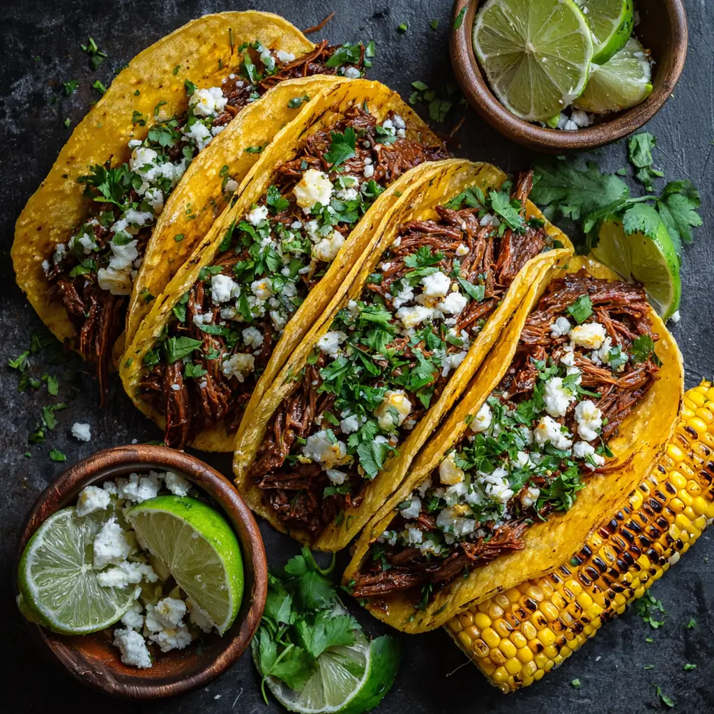 Colorful beef tacos with fresh cilantro and lime