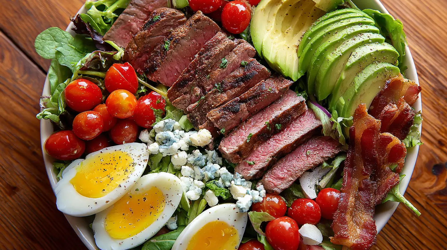 Colorful steak Cobb Salad with avocado and eggs