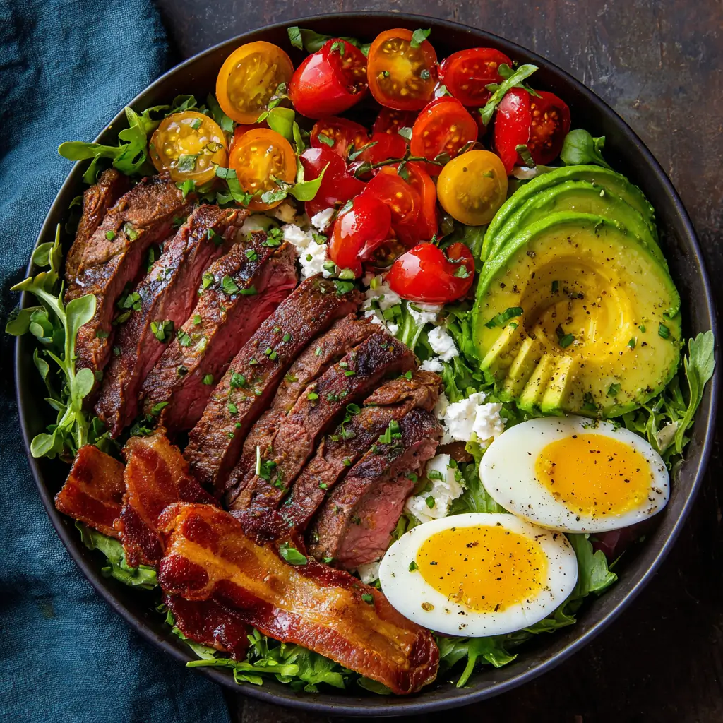 Colorful steak Cobb Salad with avocado and eggs