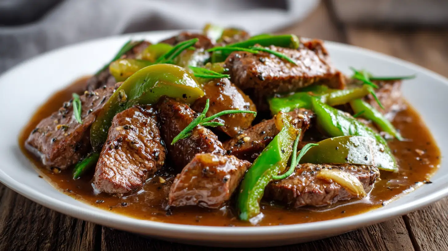 Pepper steak with rich gravy and green peppers on plate
