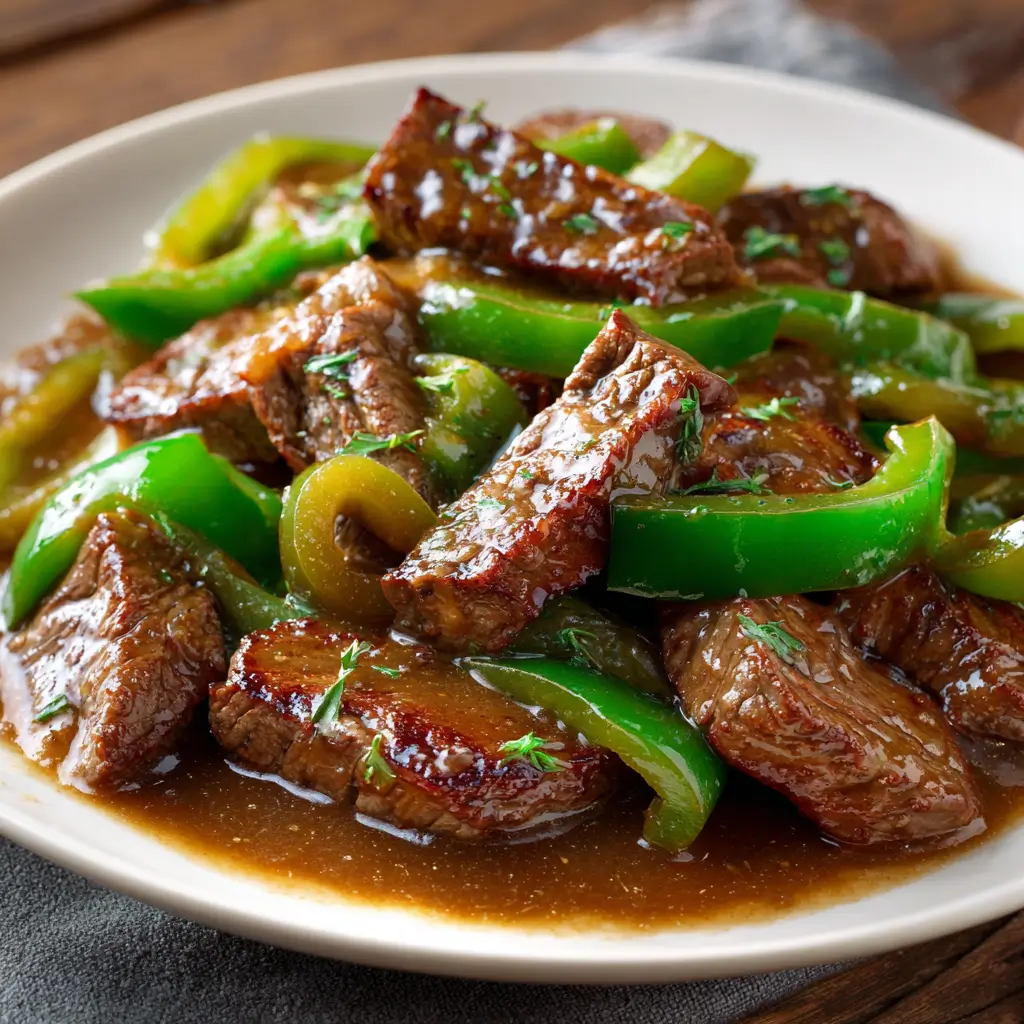 Pepper steak with rich gravy and green peppers on plate