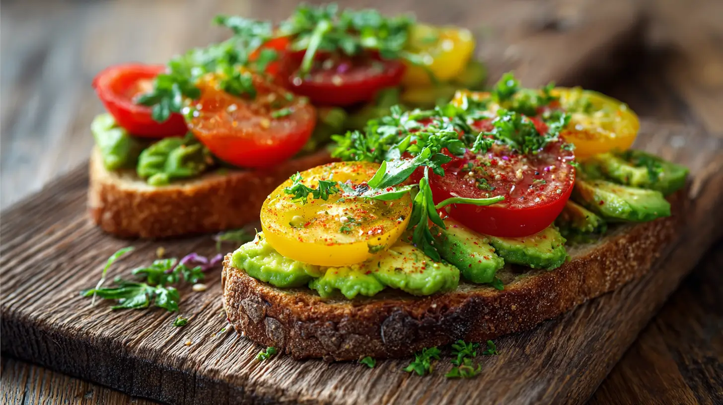 Beautiful avocado toast with fresh toppings on wooden board