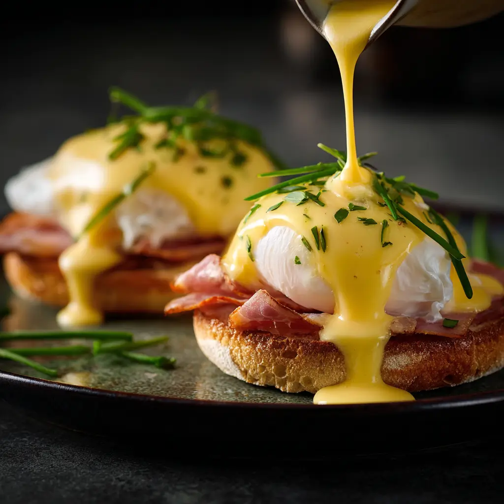 Perfect Eggs Benedict with hollandaise sauce and poached eggs on English muffins
