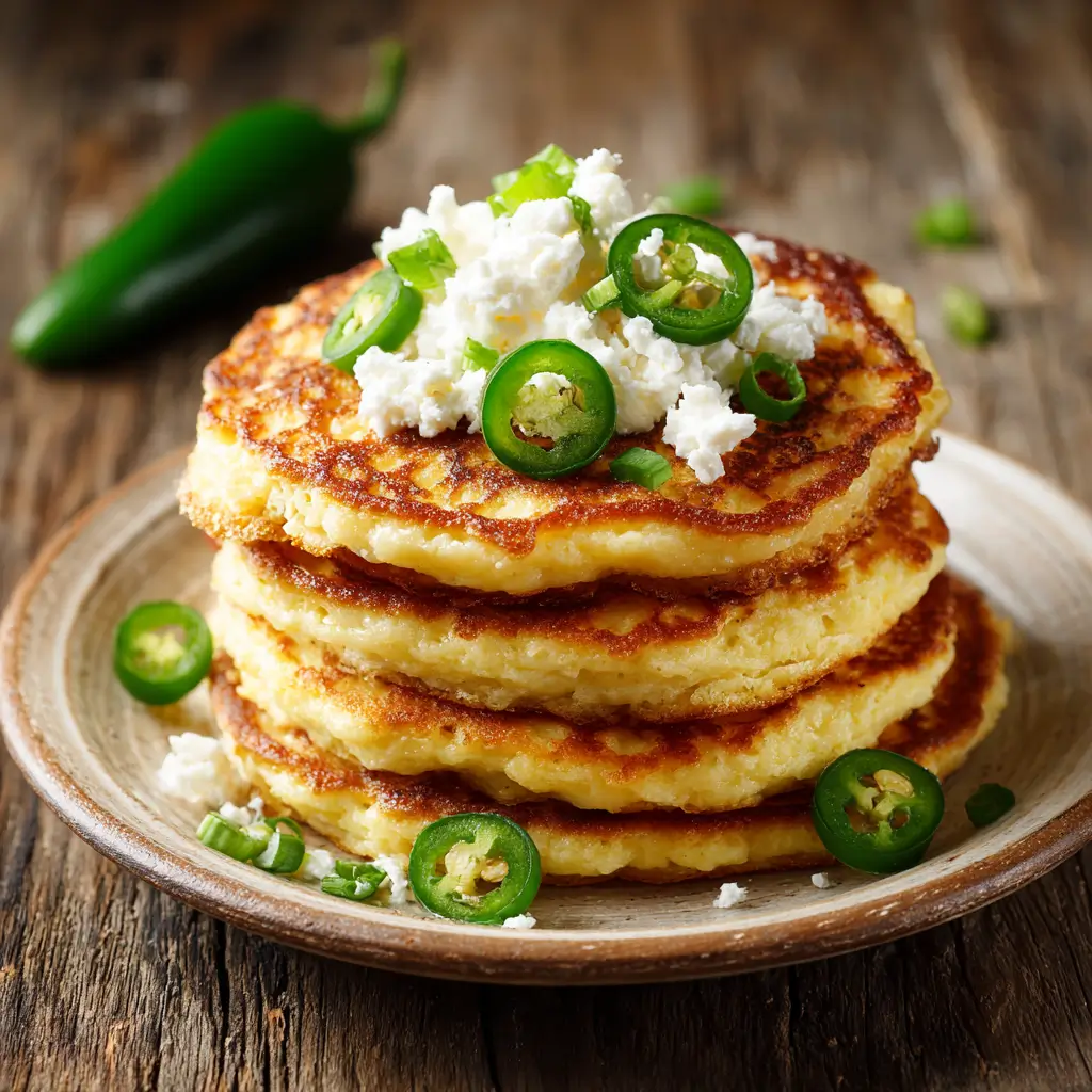 Stack of spicy cheese pancakes with jalapeño and cottage cheese