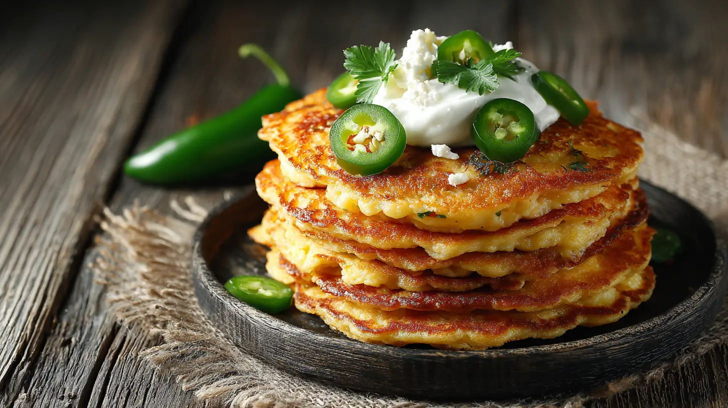 Stack of spicy cheese pancakes with jalapeño and cottage cheese