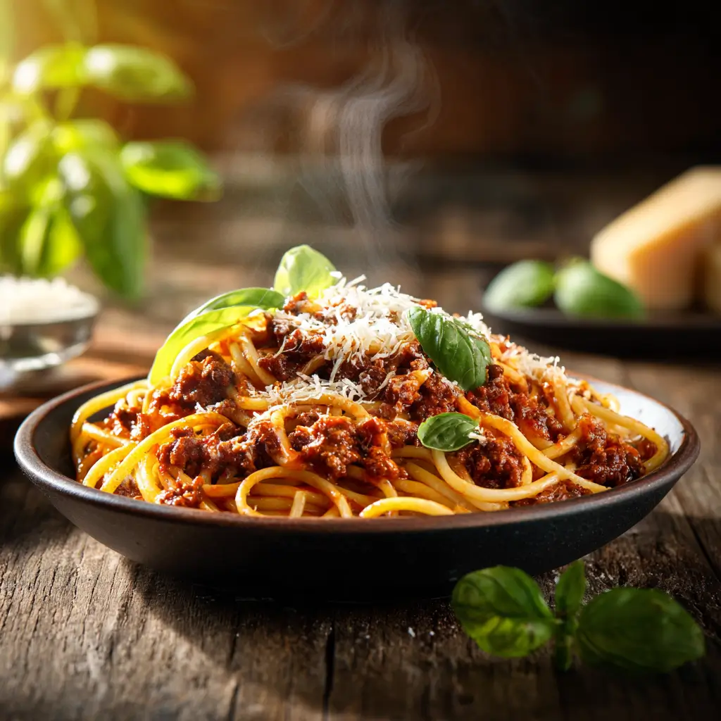 Authentic homemade Spaghetti Bolognese with rich meat sauce and fresh Parmesan