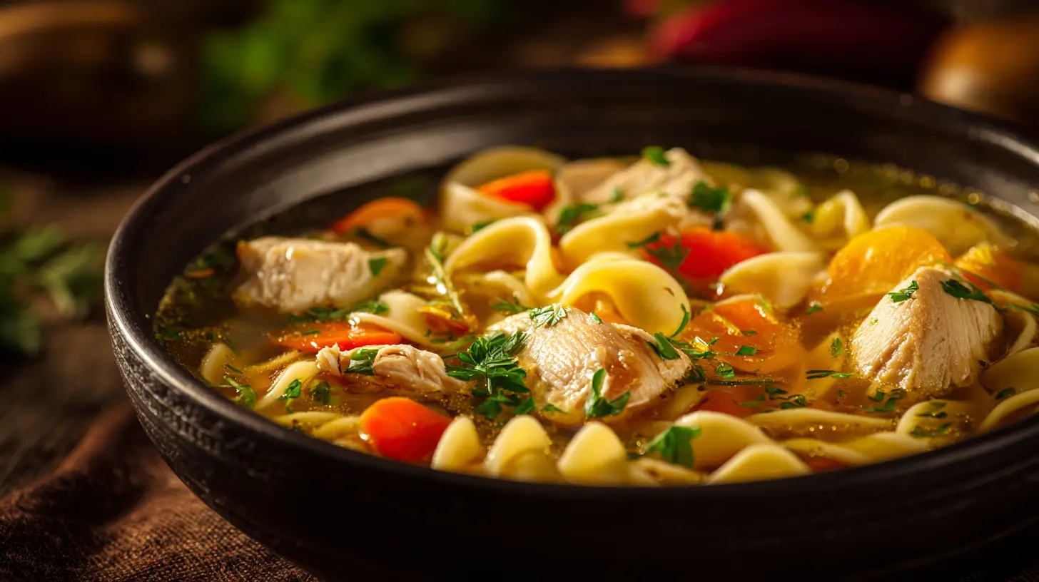 Homemade chicken noodle soup in white bowl with steam rising