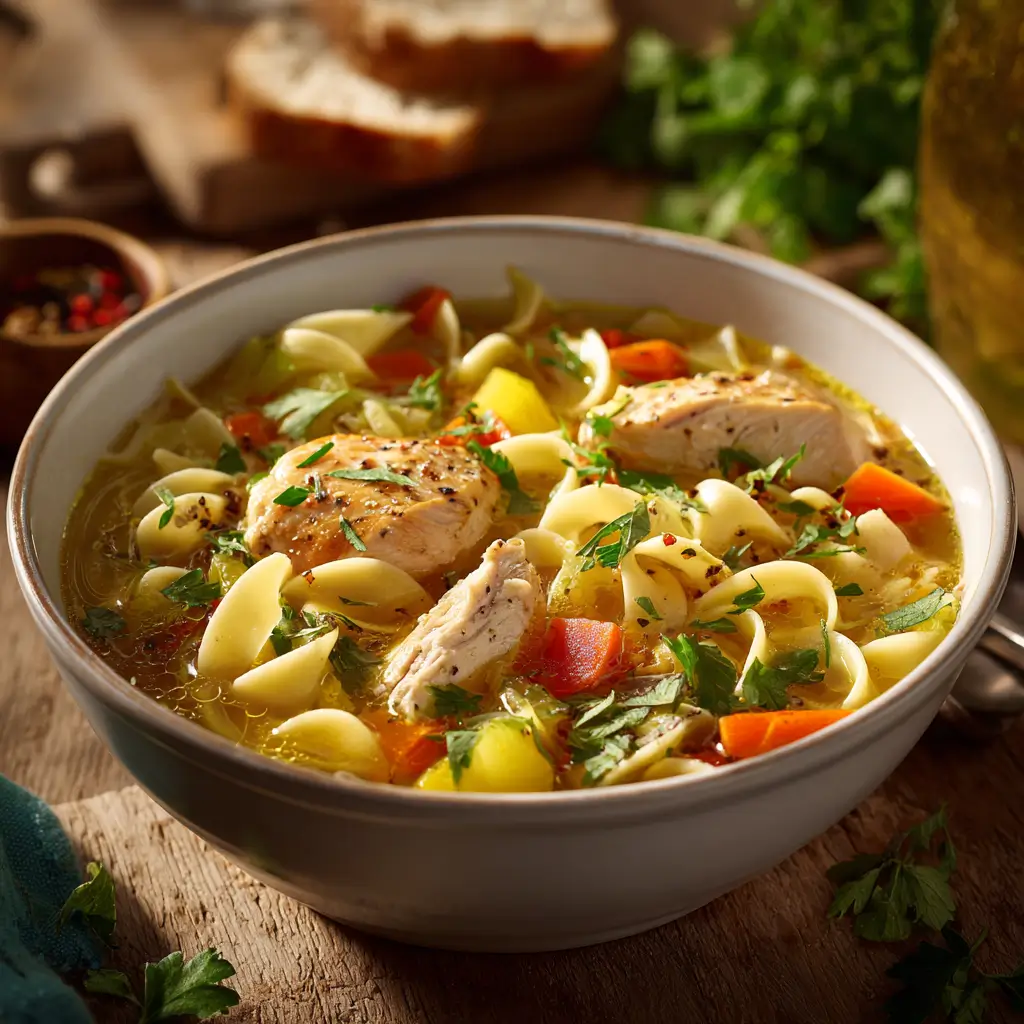 Homemade chicken noodle soup in white bowl with steam rising