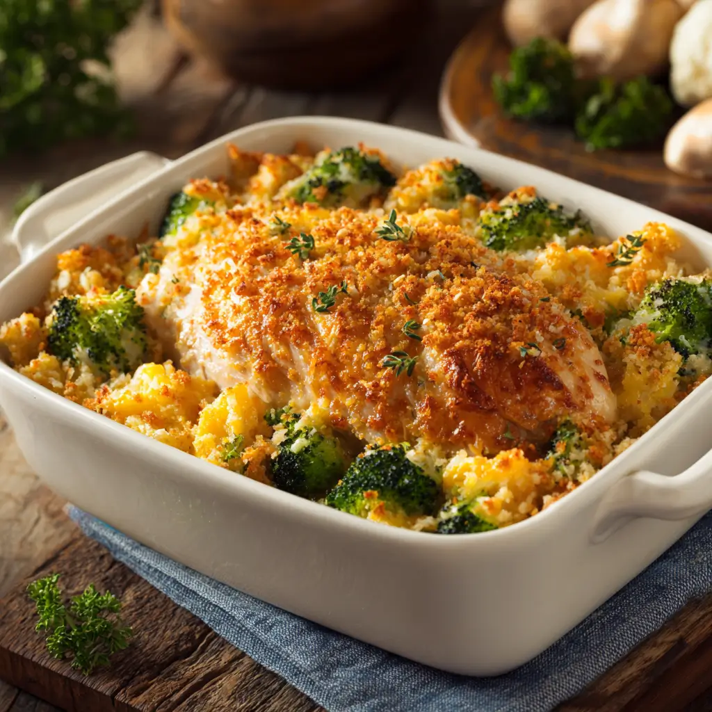 Delicious rotisserie chicken casserole in baking dish with melted cheese topping