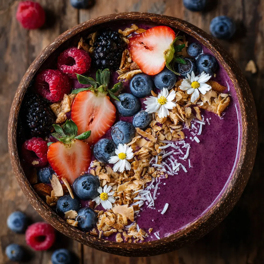 Colorful smoothie bowl with fresh fruit and granola toppings