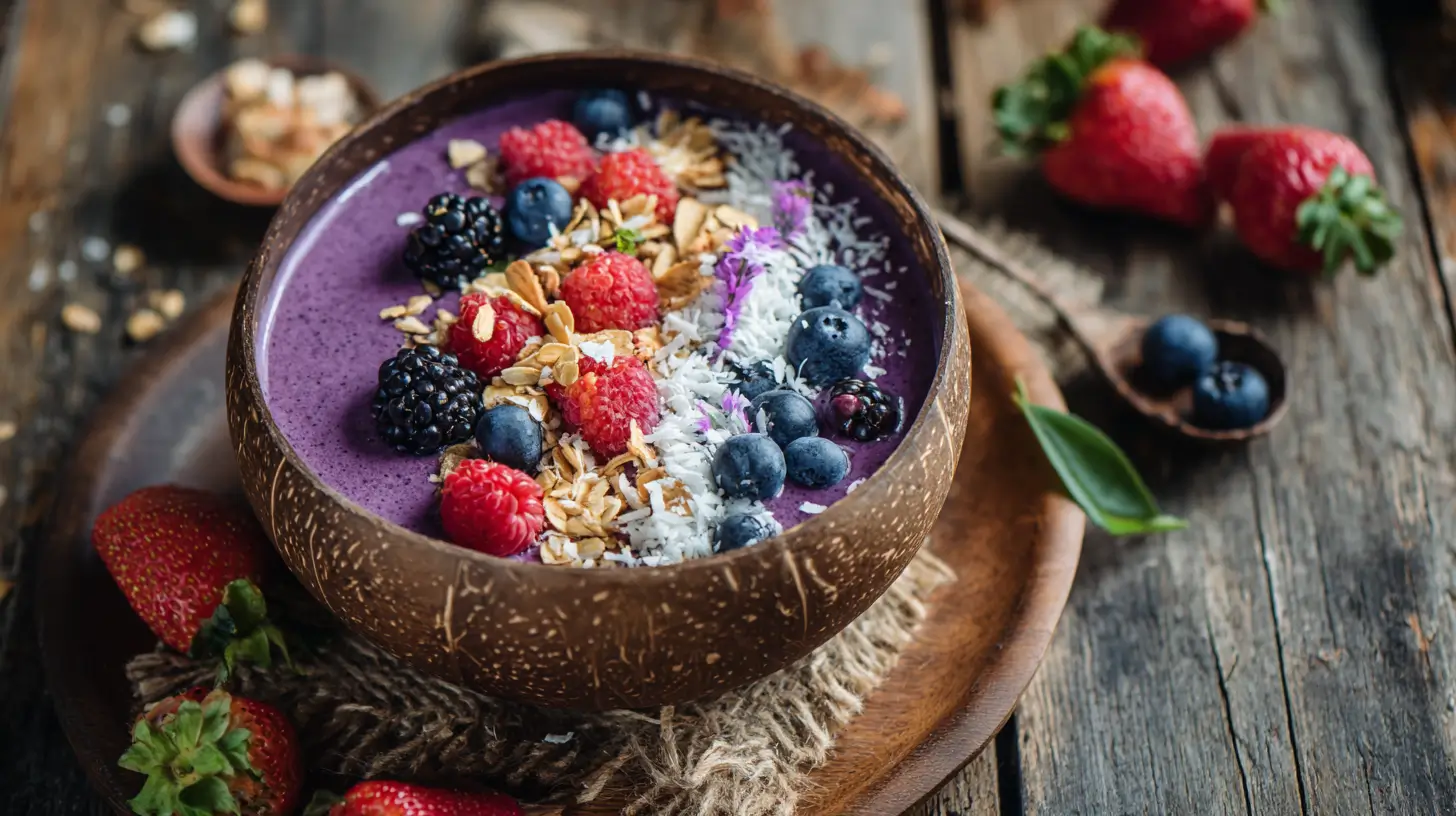 Colorful smoothie bowl with fresh fruit and granola toppings