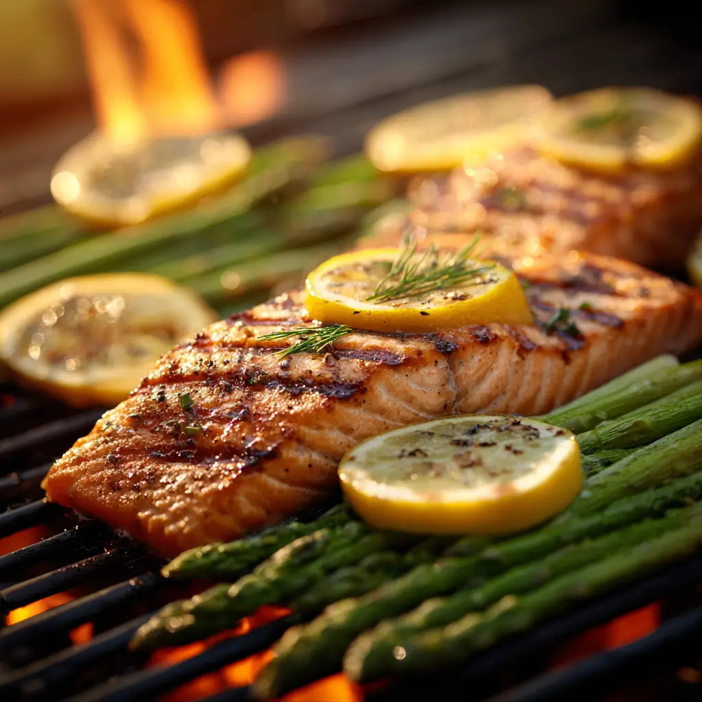 Grilled salmon fillets with asparagus on backyard grill