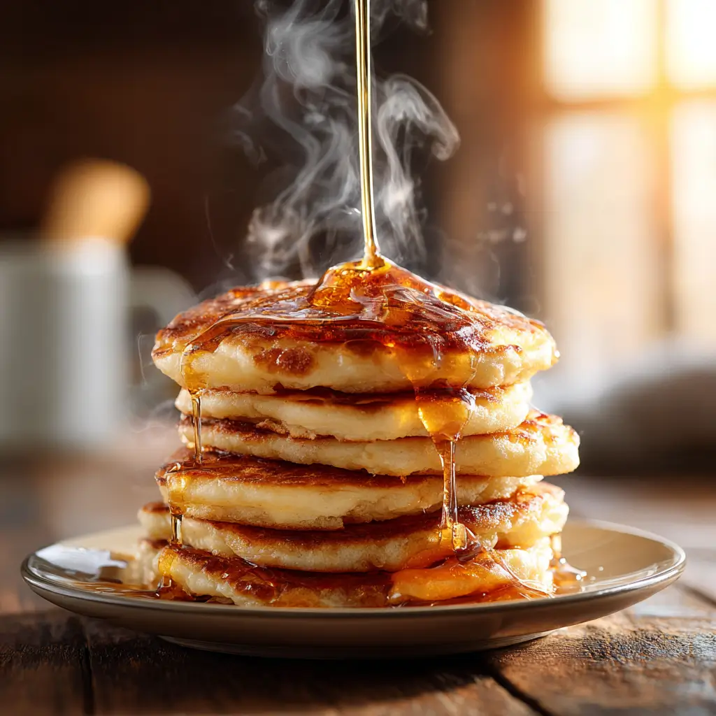 Stack of fluffy pancakes with maple syrup drizzling down