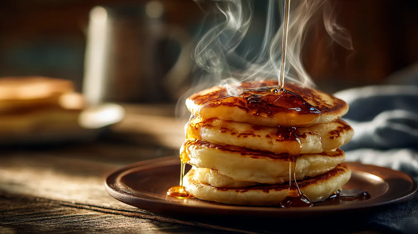 Stack of fluffy pancakes with maple syrup drizzling down