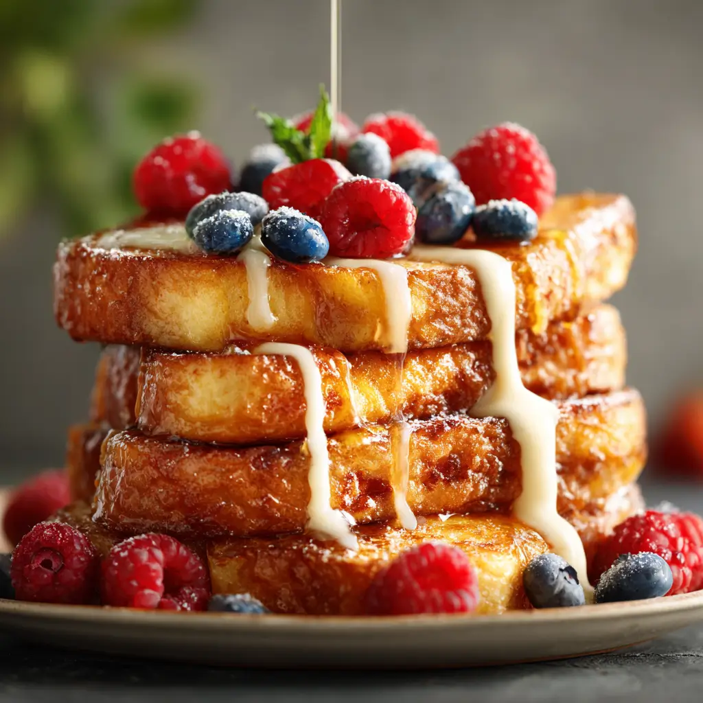 Stack of golden French toast with berries and syrup