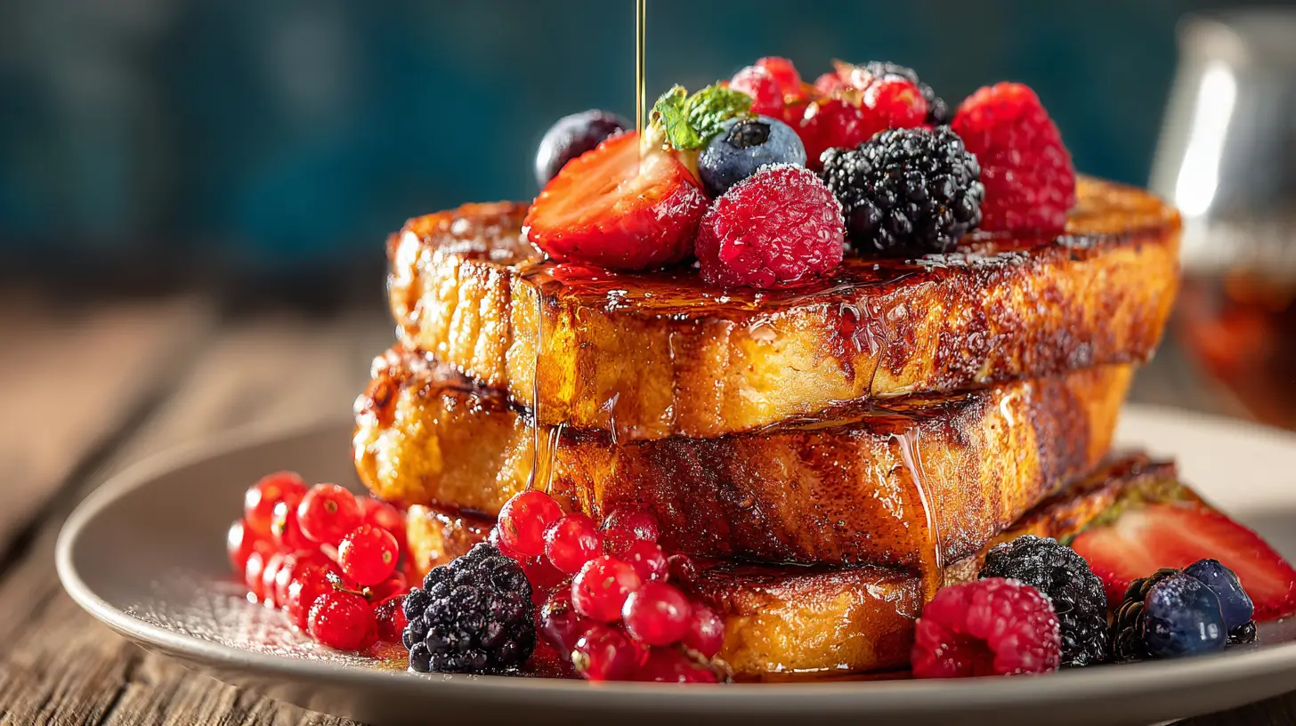 Stack of golden French toast with berries and syrup