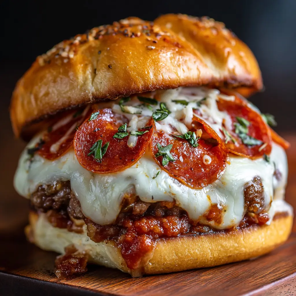 Pizza Burger with melted cheese and pepperoni on bun