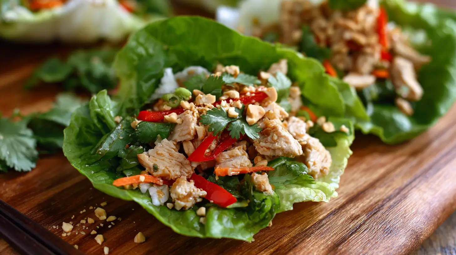 Close-up serving of Thai chicken lettuce wrap