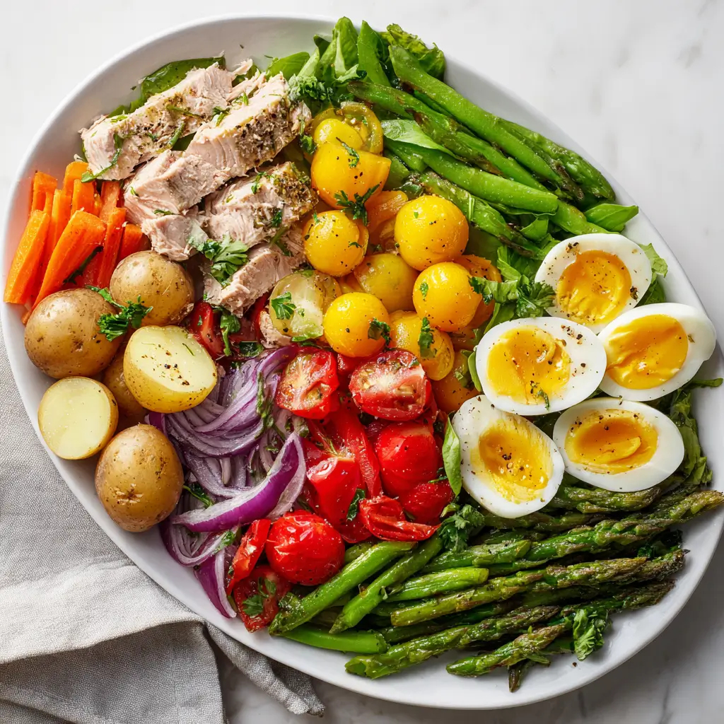 Tuna Niçoise Salad on white platter