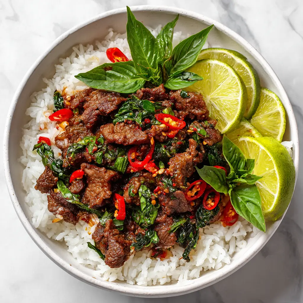 Bowl of Thai Basil Beef garnished with fresh basil and lime