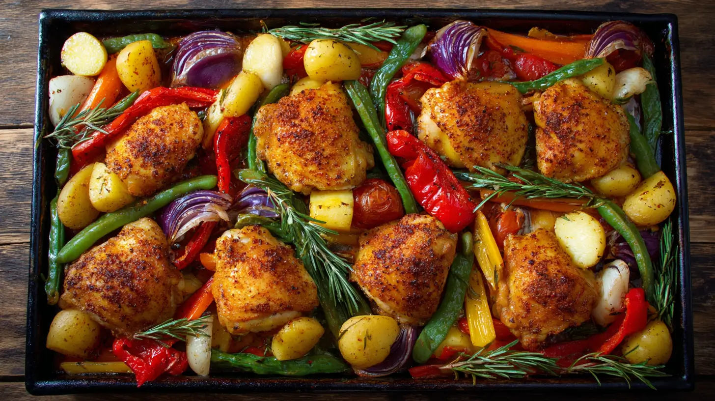 Sheet pan with roasted chicken and vegetables