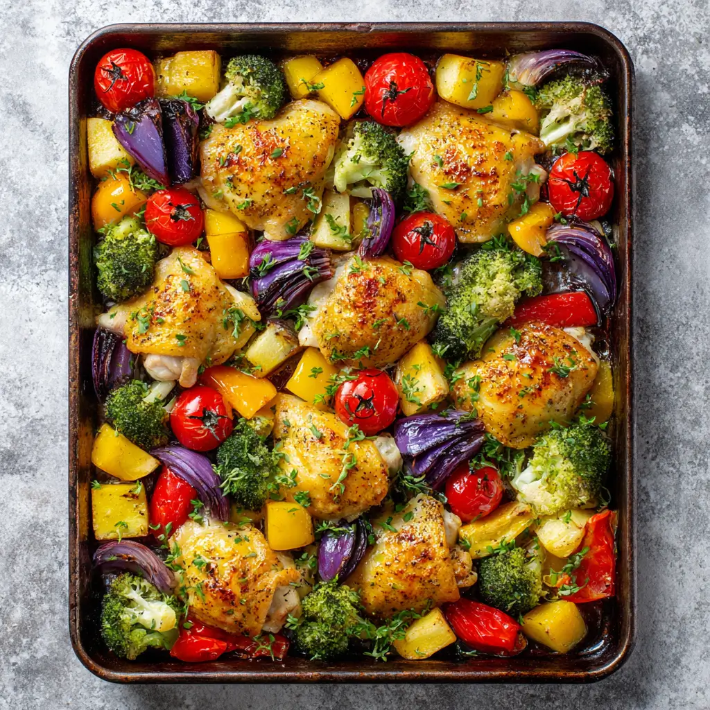 Sheet pan with roasted chicken and vegetables