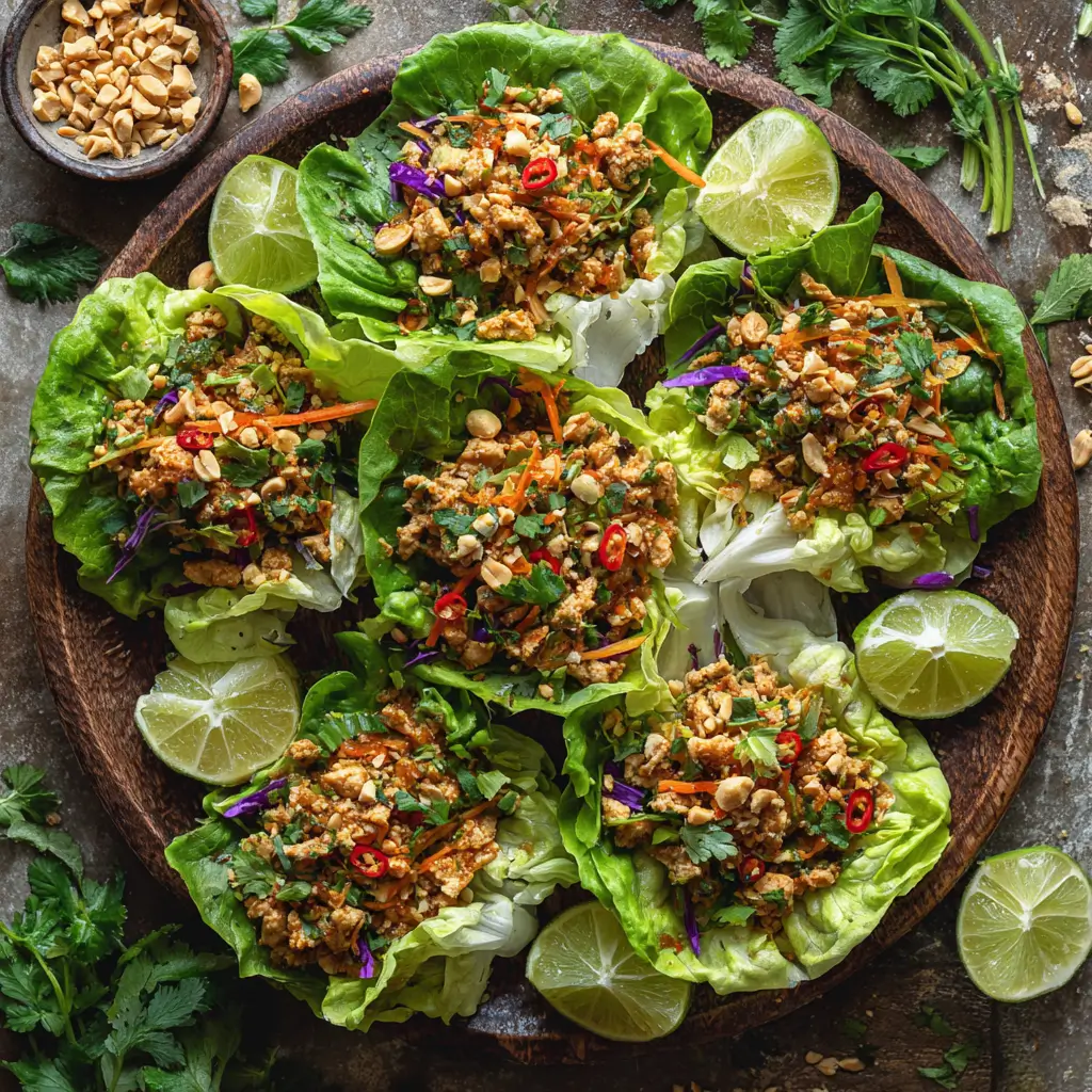 Platter of Thai chicken lettuce wraps with herbs and peanuts