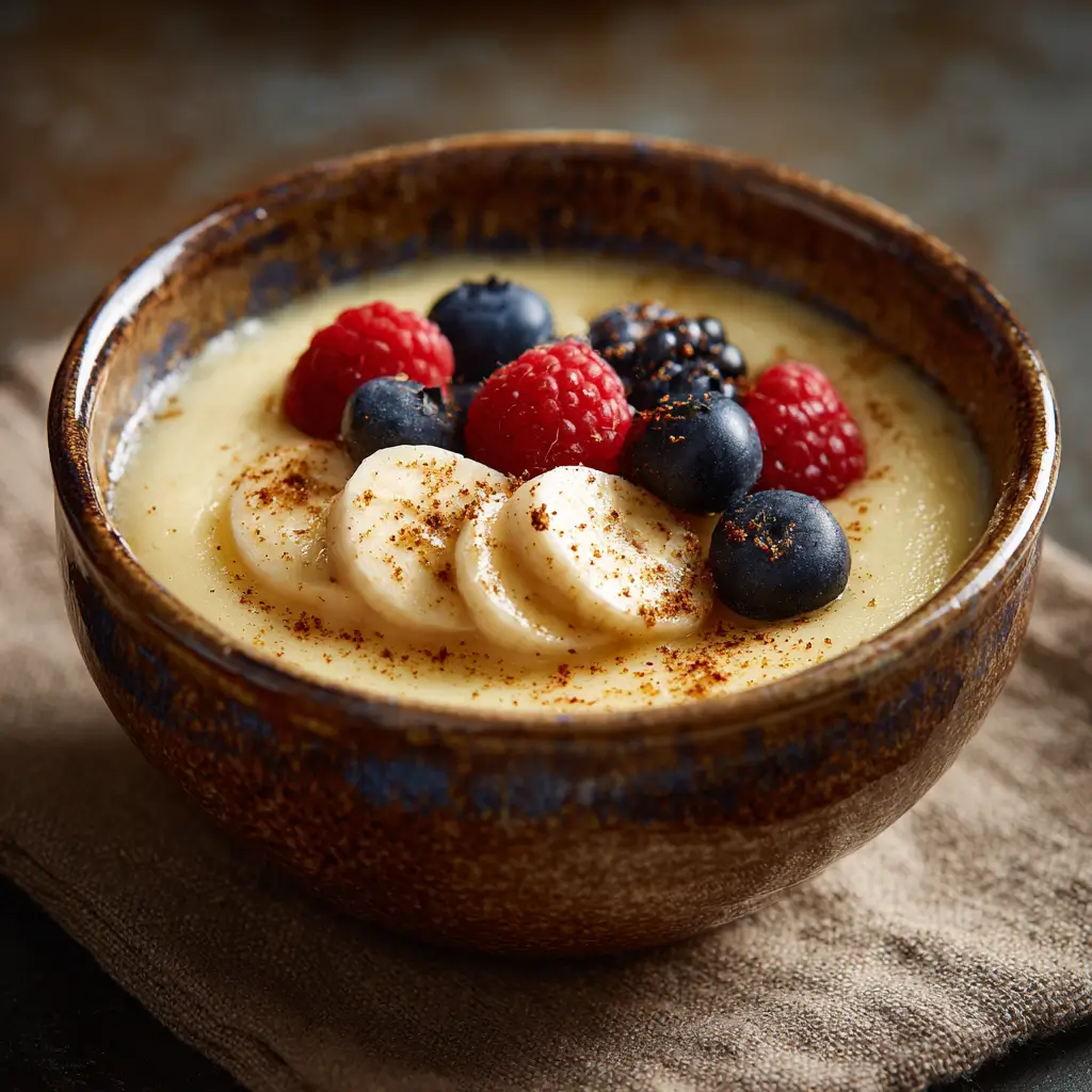 Bowl of creamy breakfast custard with fruit topping