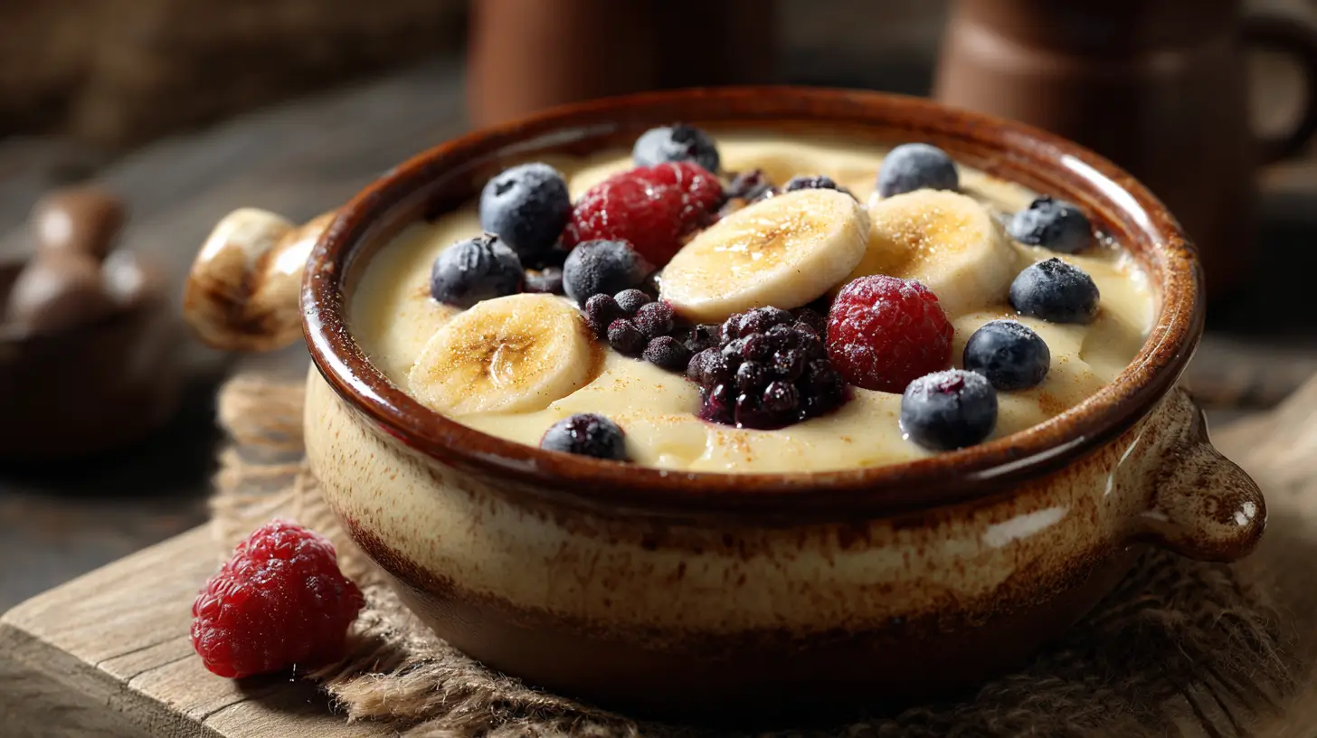 Bowl of creamy breakfast custard with fruit topping