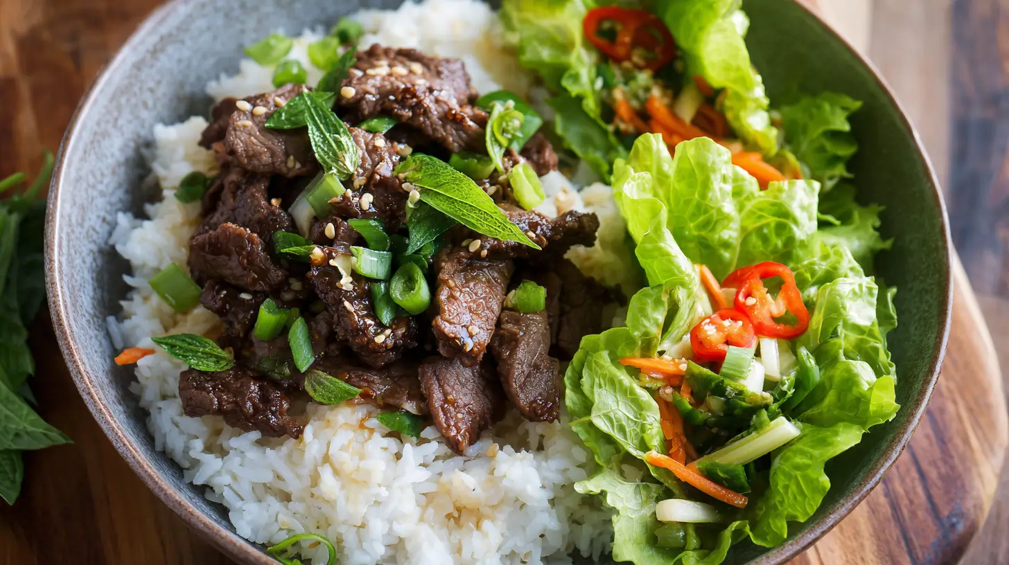 Bowl of Thai Basil Beef garnished with fresh basil and lime