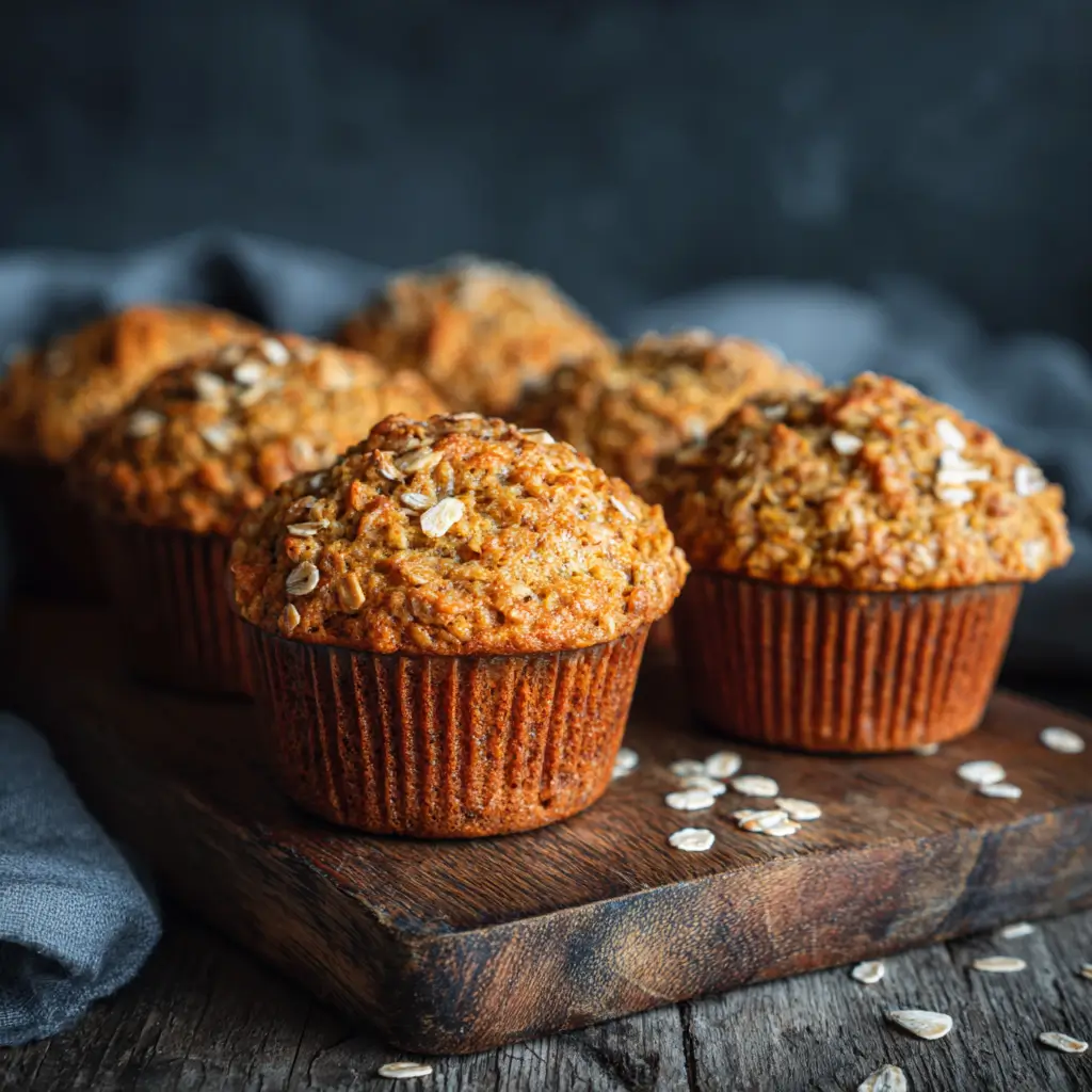 Golden vegan oatmeal muffins on wooden board