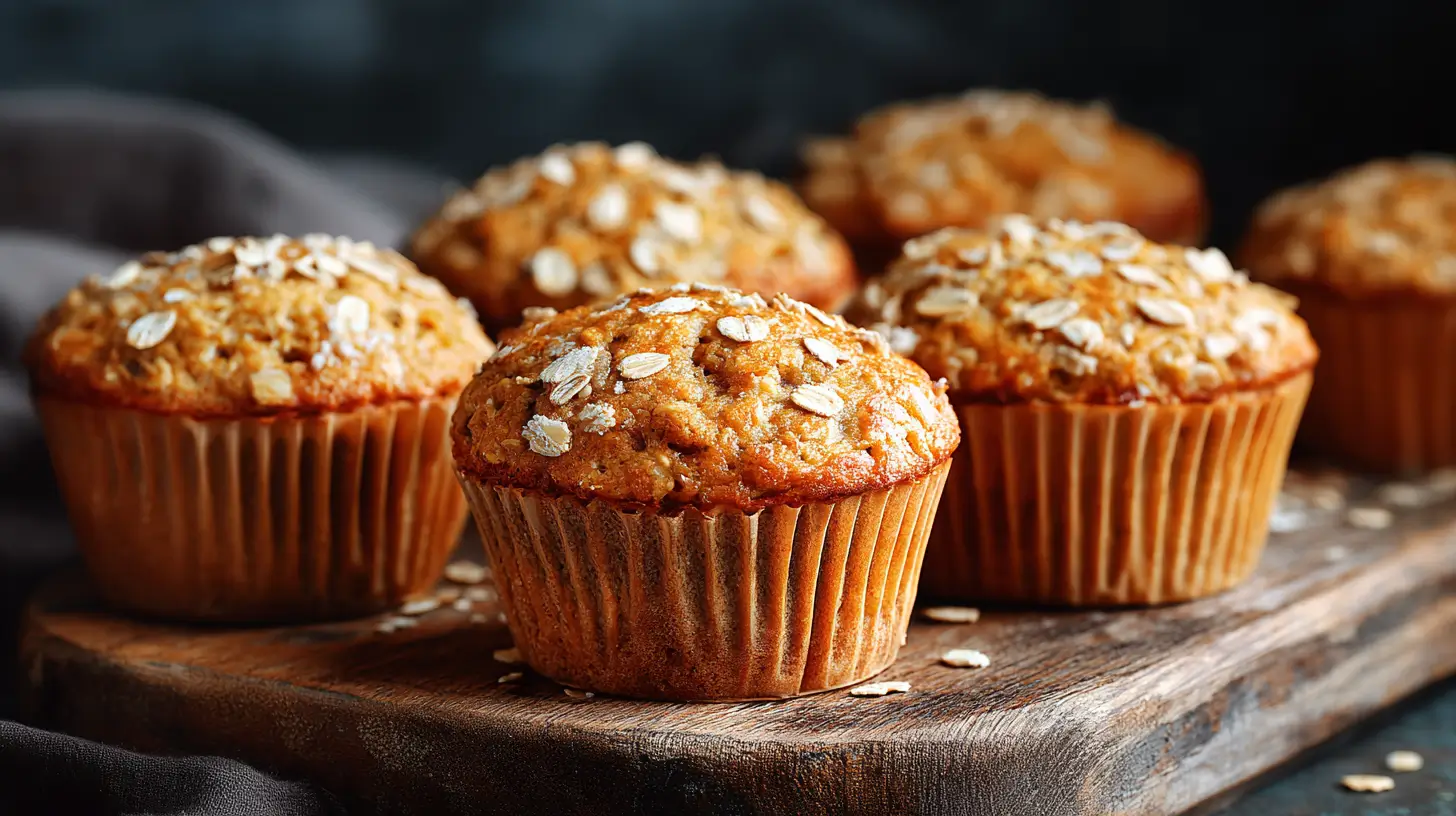 Golden vegan oatmeal muffins on wooden board