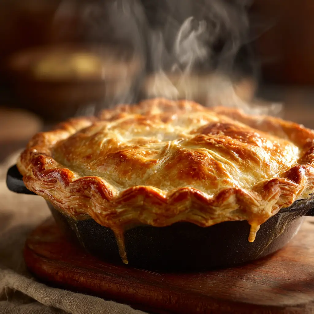 Homemade chicken potpie with golden flaky crust on rustic wooden table
