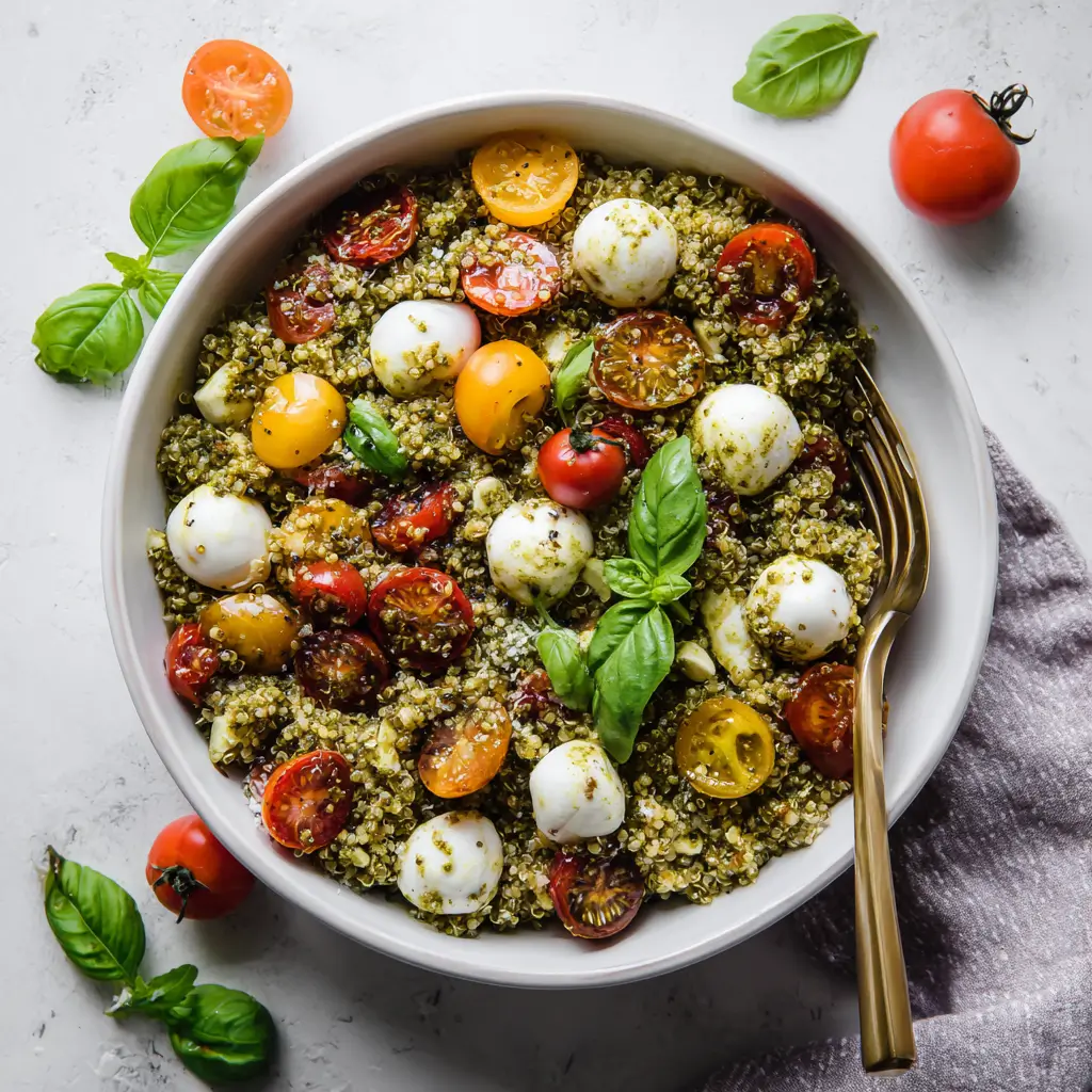 Bowl of vibrant pesto quinoa salad with fresh ingredients
