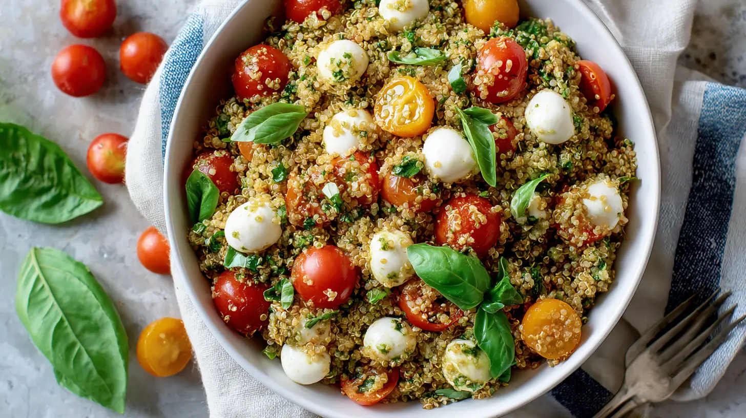 Bowl of vibrant pesto quinoa salad with fresh ingredients