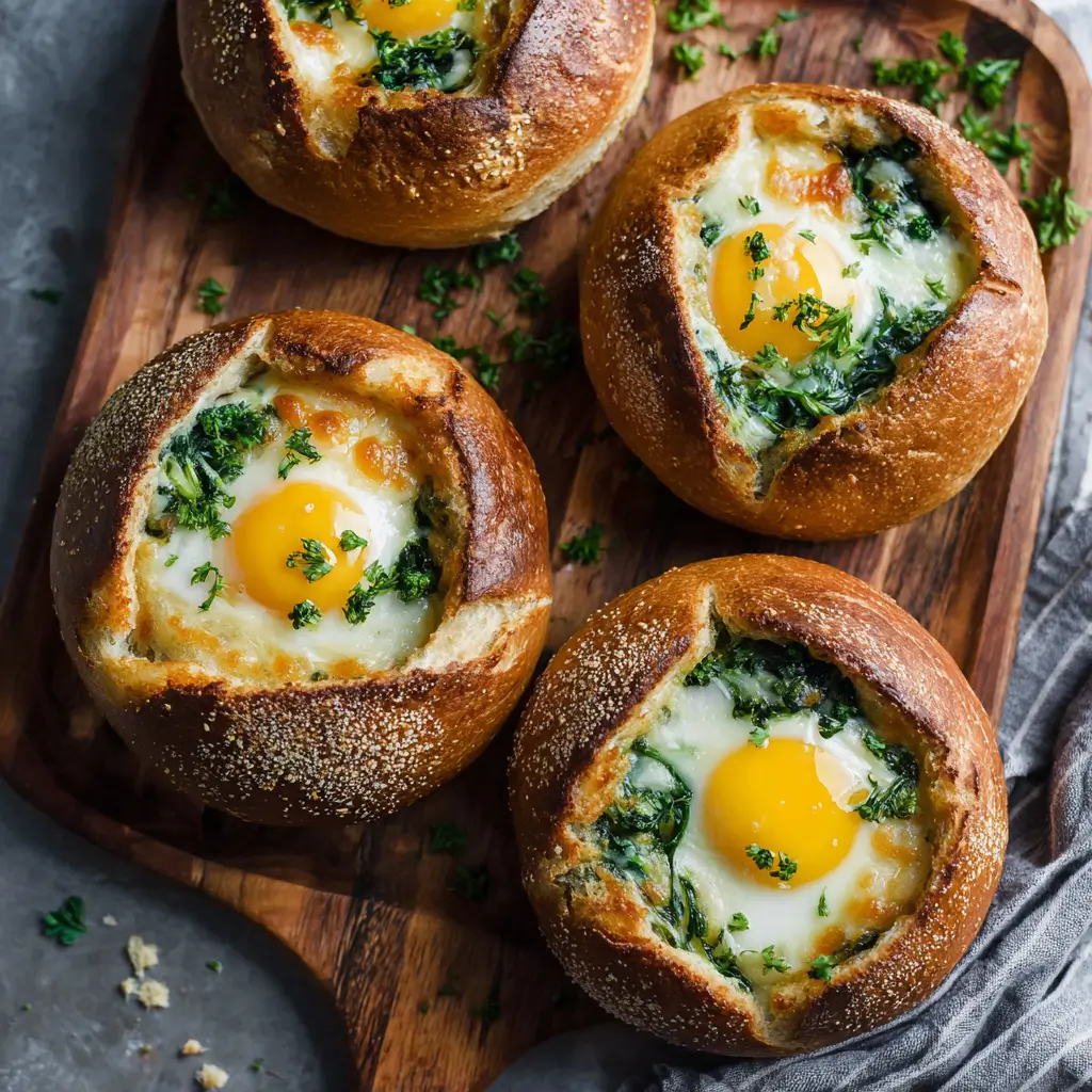Breakfast bread bowls with eggs and spinach