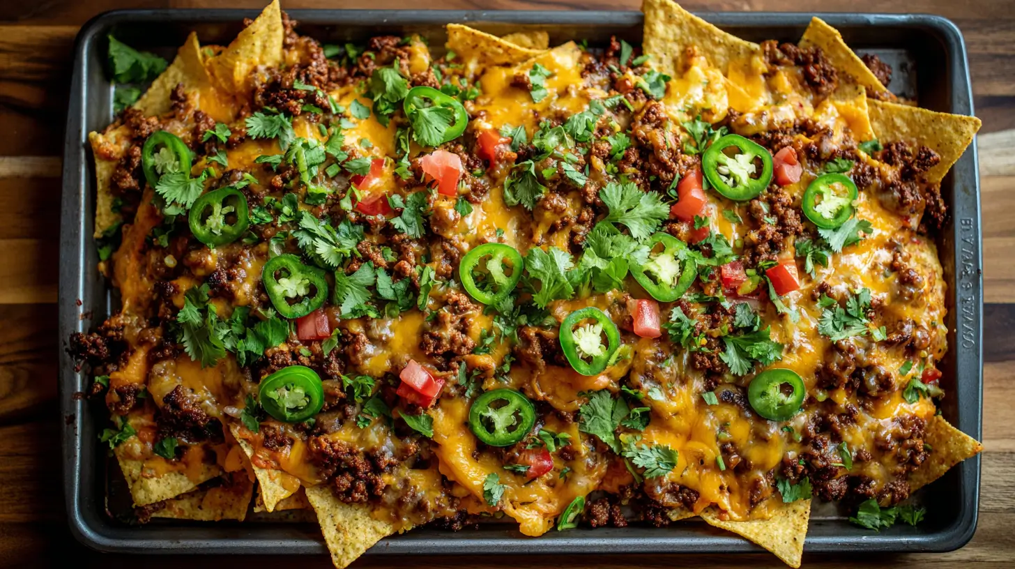 Sheet pan of loaded beef nachos fresh from oven